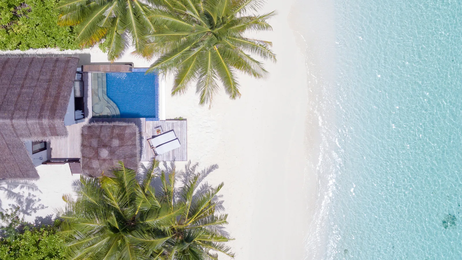 The Beach Pool Villa from above, its pool and deck on the beach