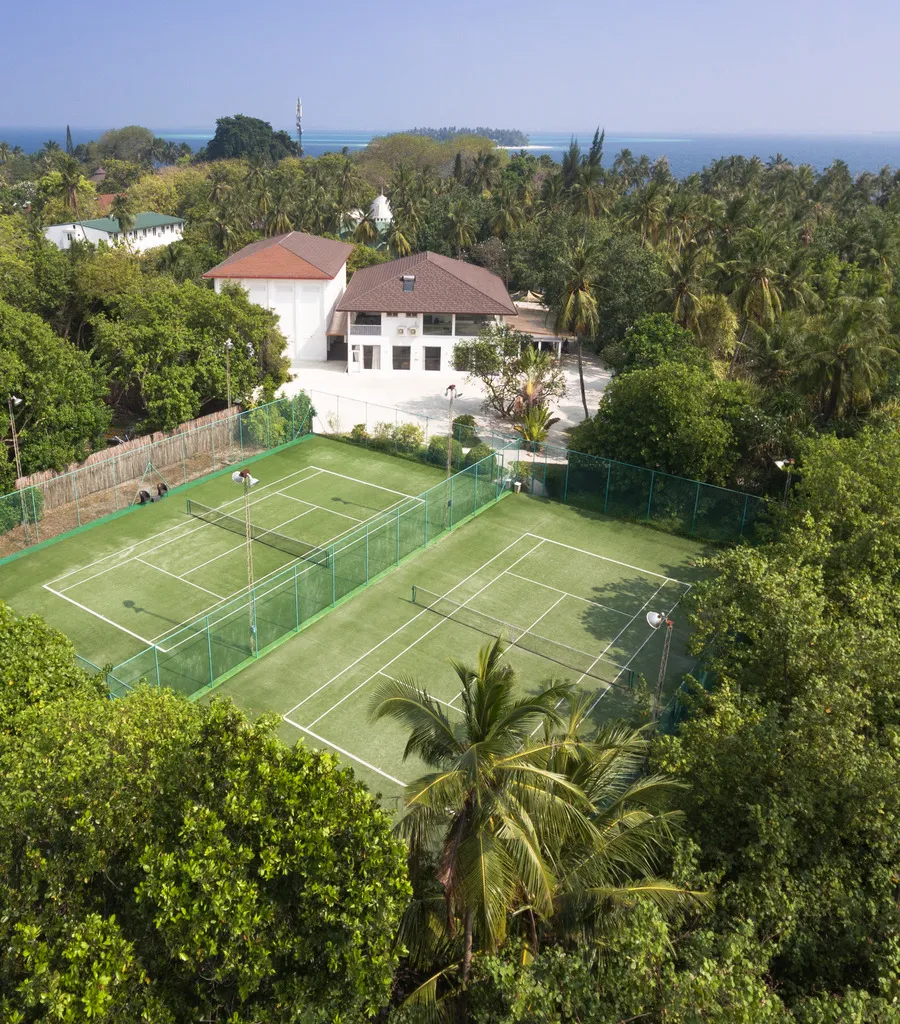 The Clubhouse tennis courts from above, among the palms