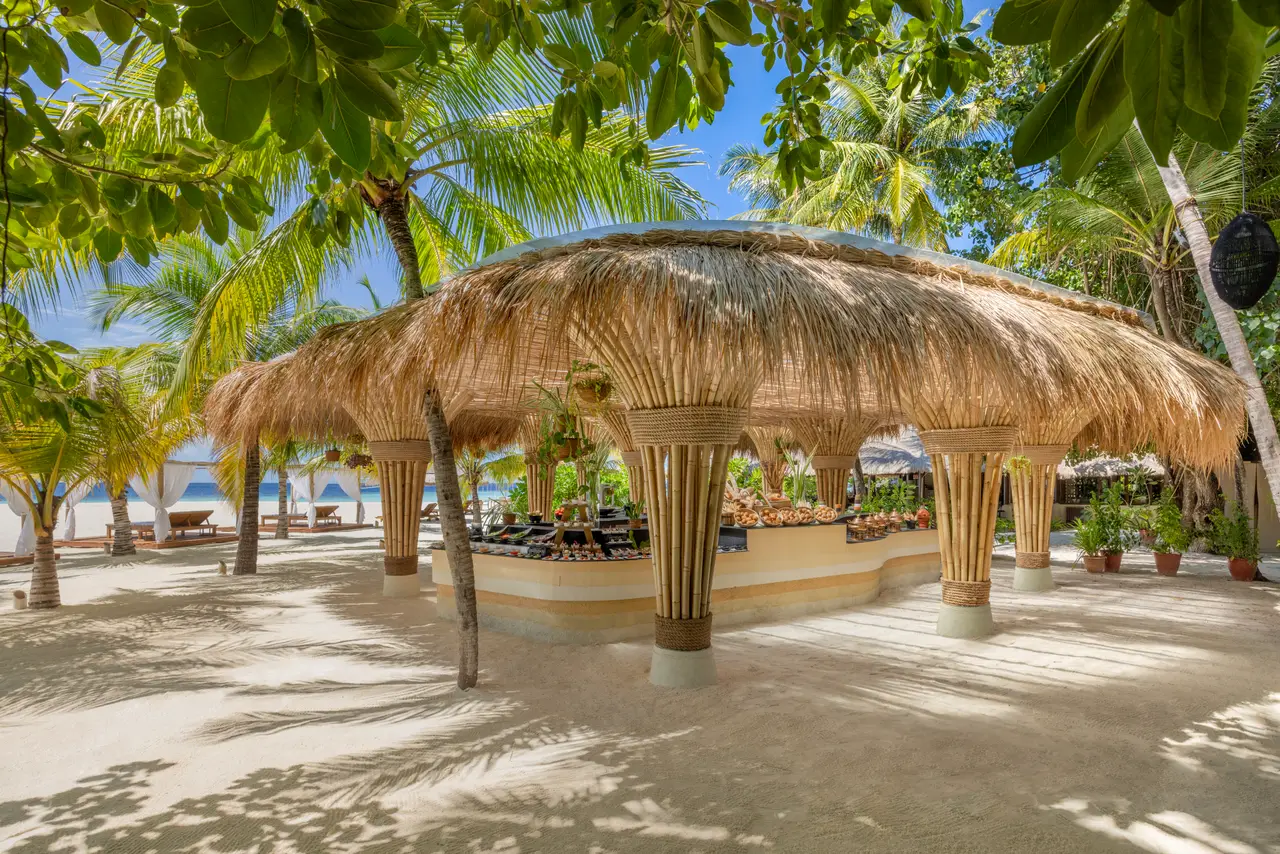 Sangu Garden at midday: the thatched pavilion on bamboo columns, on the sand in the shade of the palms.