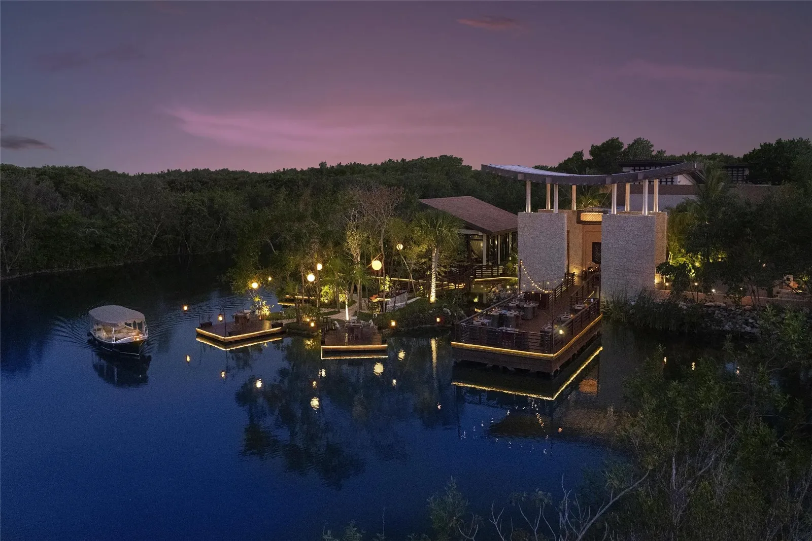 Saffron’s decks over the lagoon at dusk