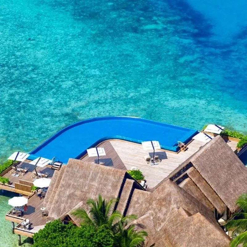 The infinity pool over the lagoon, seen from above