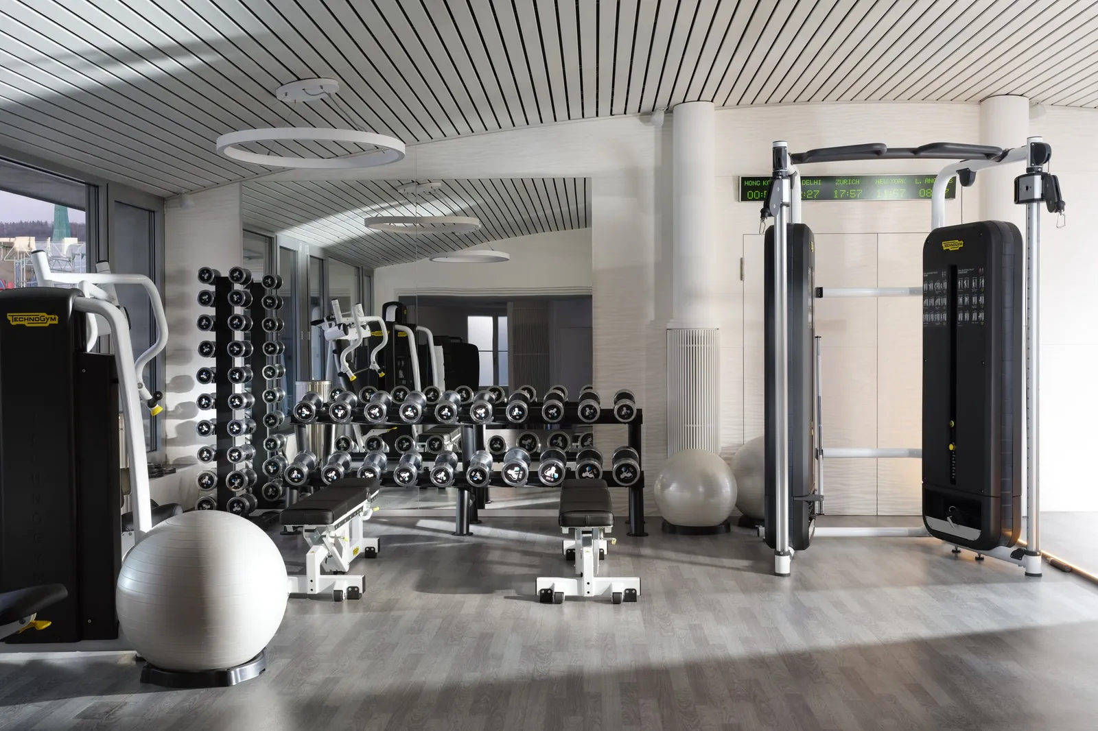 The fitness club on the fifth floor: dumbbells, weight machines and a Swiss ball on a grey floor