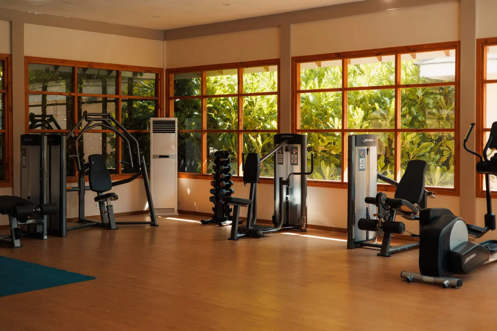 The gym with machines and large windows.