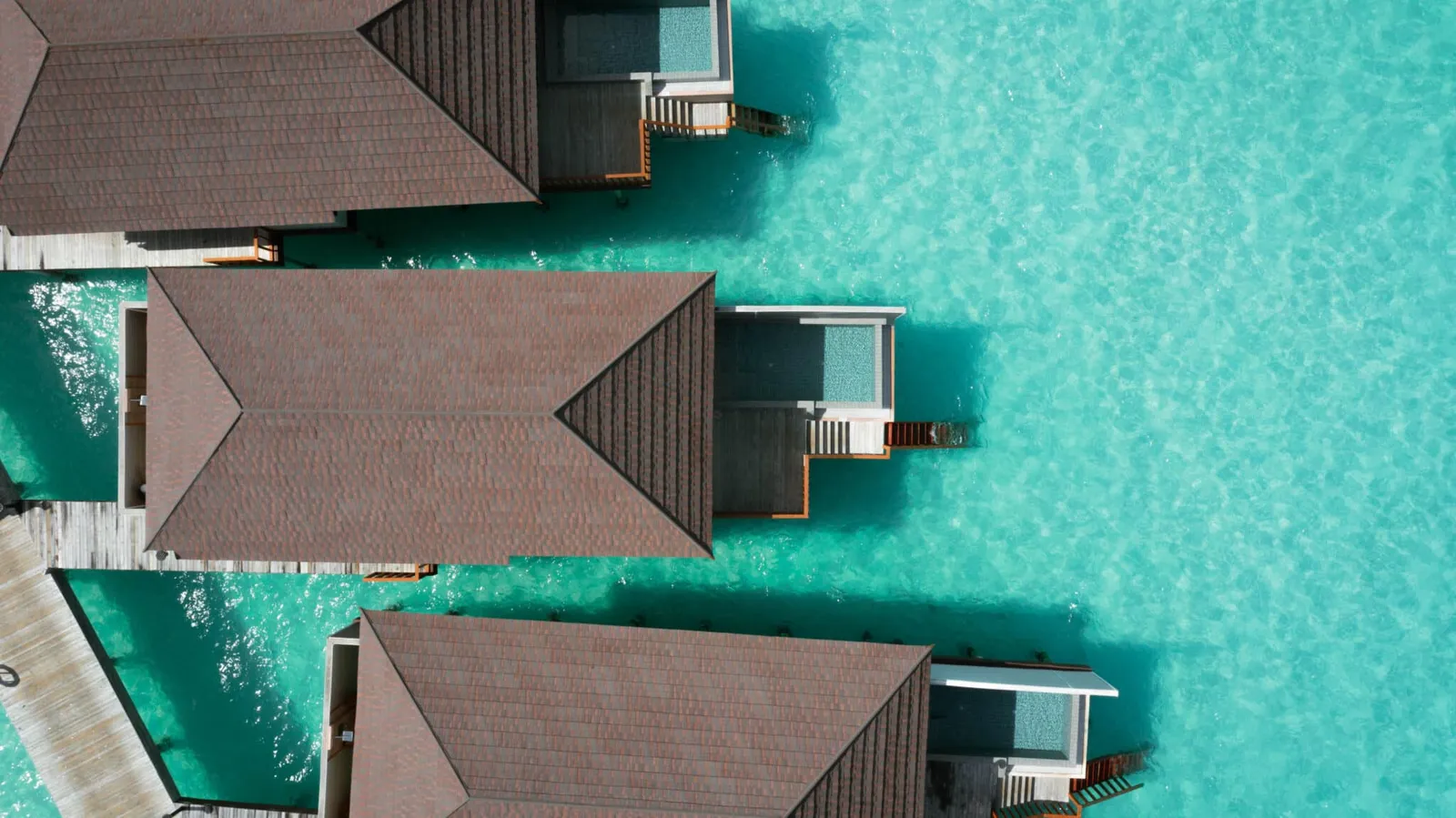 The roofs and pools of overwater villas, seen from above.