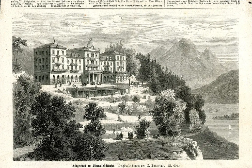 A nineteenth-century engraving of the Bürgenstock hotels above Lake Lucerne, «Bürgenstock am Vierwaldstättersee», drawn by G. Theuerkauf