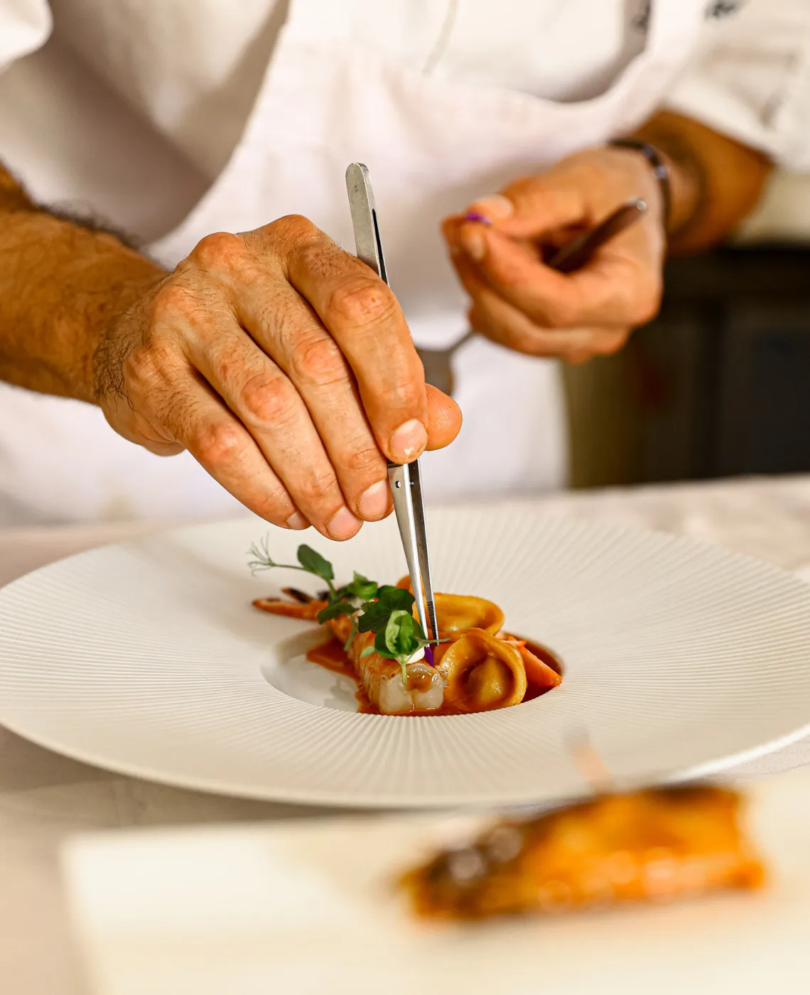A chef’s hands finishing a plate with tweezers in Petra’s kitchen.