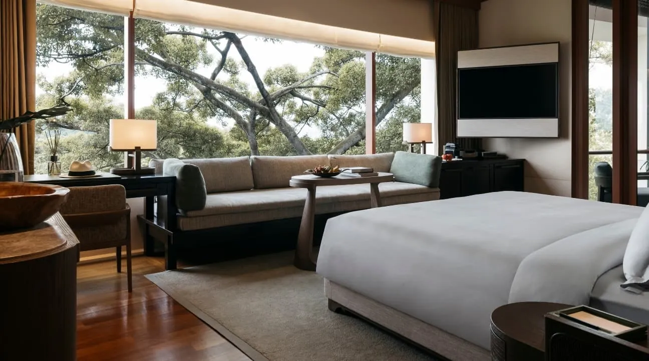 A Premier Garden Room: the bed facing a sofa and a wall of windows on the treetops, a timber floor and a desk on the left.