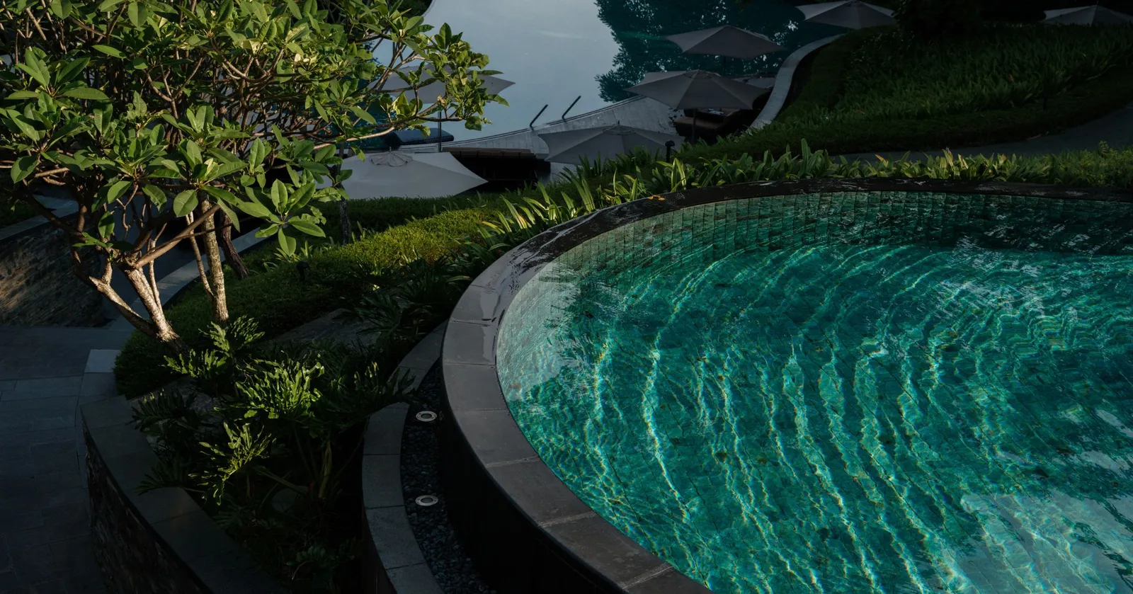 The curved edge of one of the pools: green mosaic under rippling water, a frangipani beside it and parasols on the terraces below.