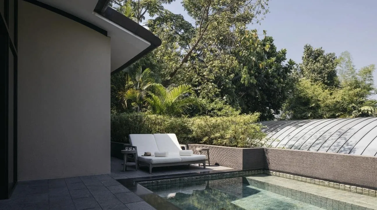 A villa’s terrace: the square plunge pool, a sunbed beside it and the trees beyond the wall.