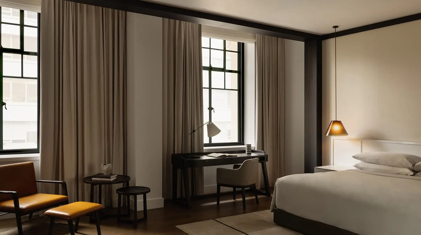 A Premier Room: a king bed, a desk and 2 tall windows, an orange leather armchair