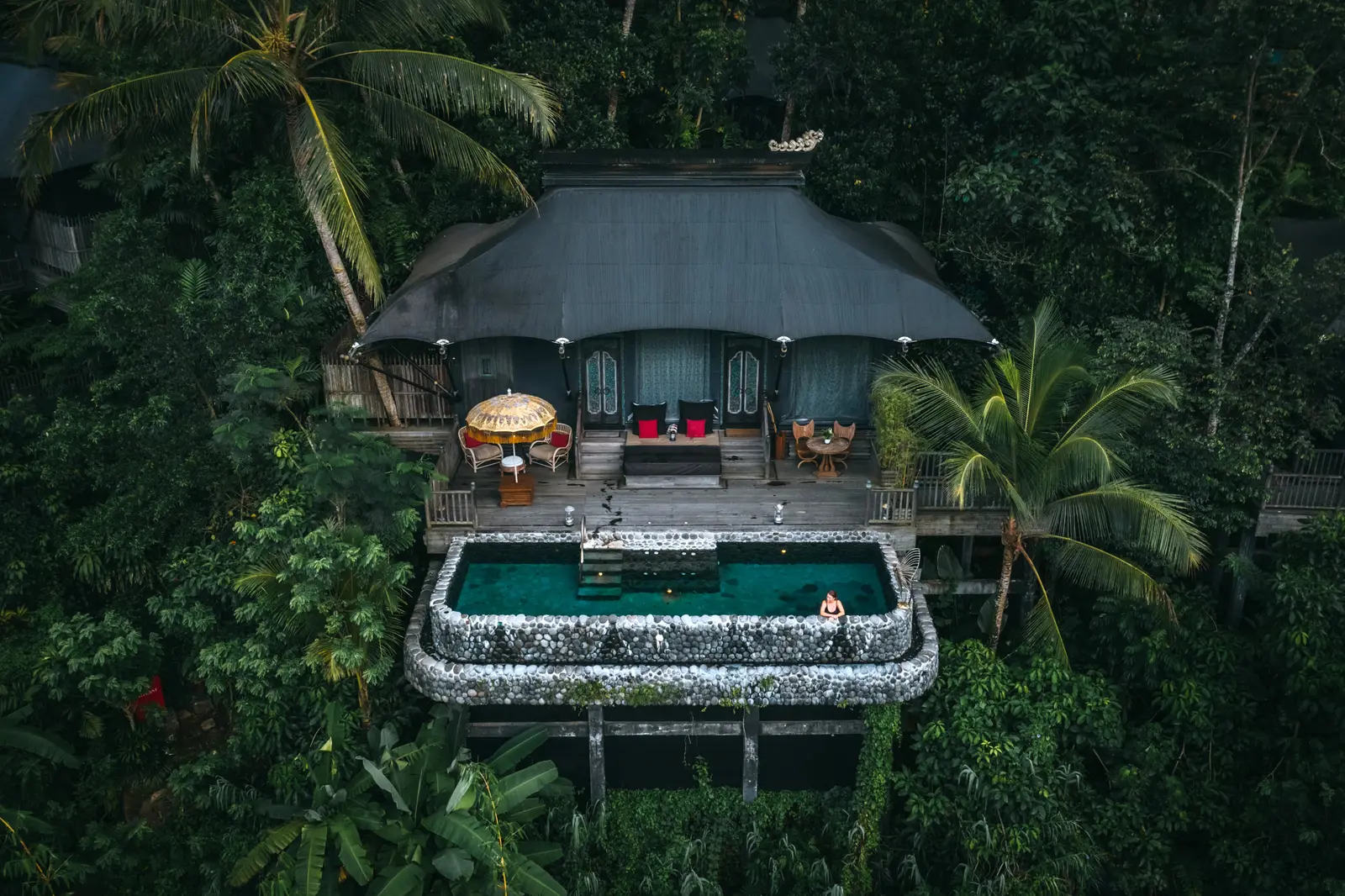 A Capella Ubud tent from above, its private pool hanging over the forest