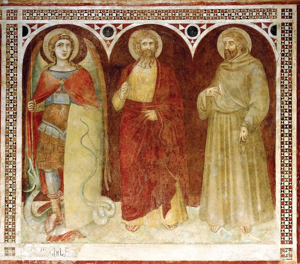 The church’s fourteenth-century fresco: 3 figures of saints under painted arches, in a decorated frame.