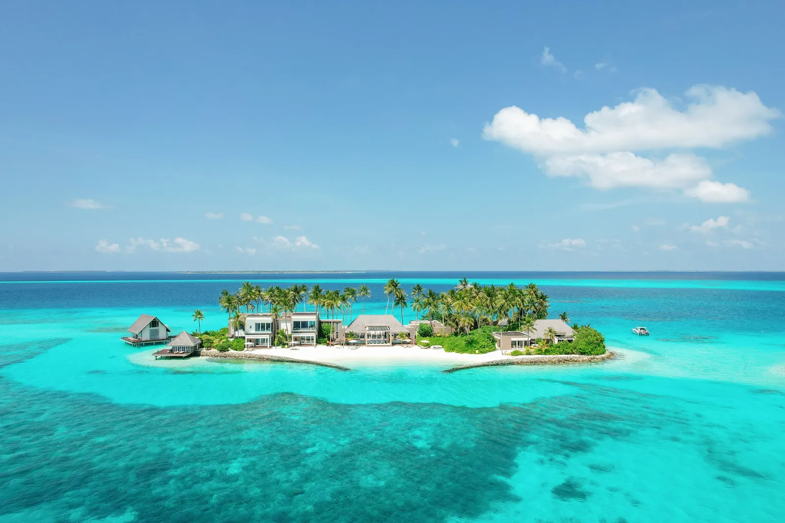 The Private Island from the air, an islet with its own beach and lagoon