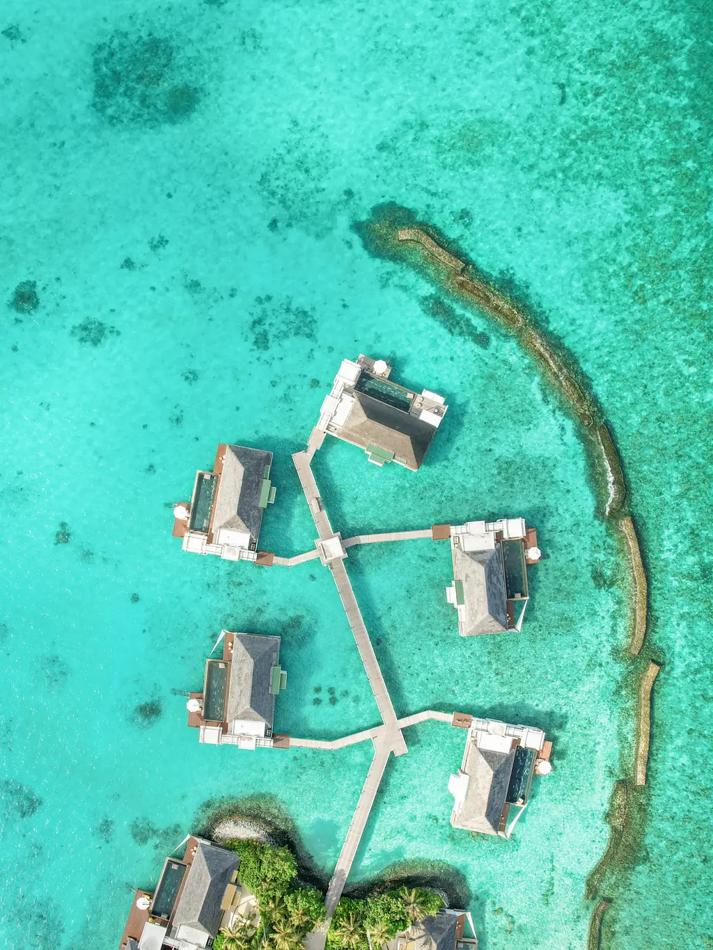 The Garden Water Villas from the air, in a row along the walkway over the water