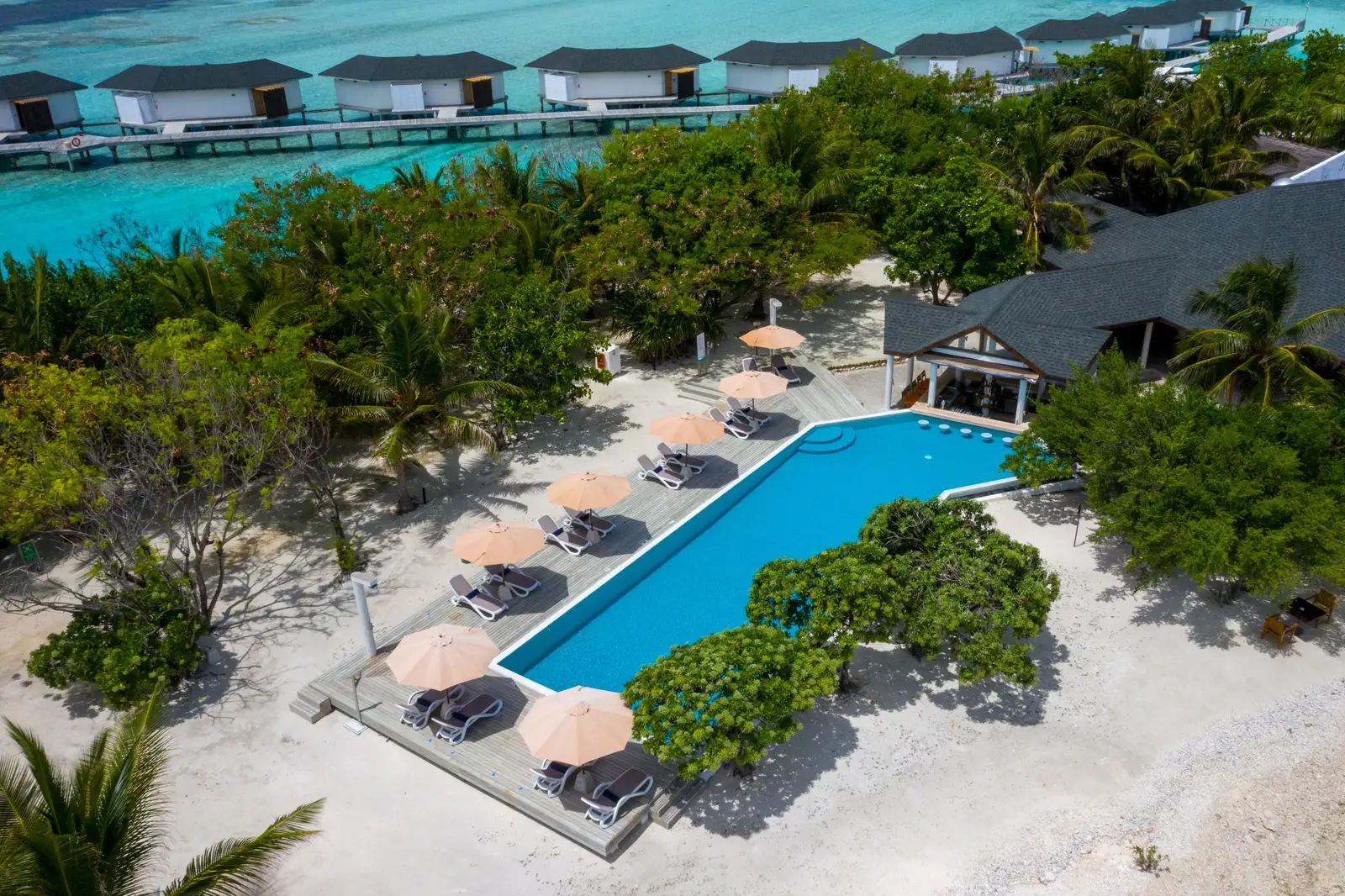 Dhonveli’s pool from above with loungers and palms