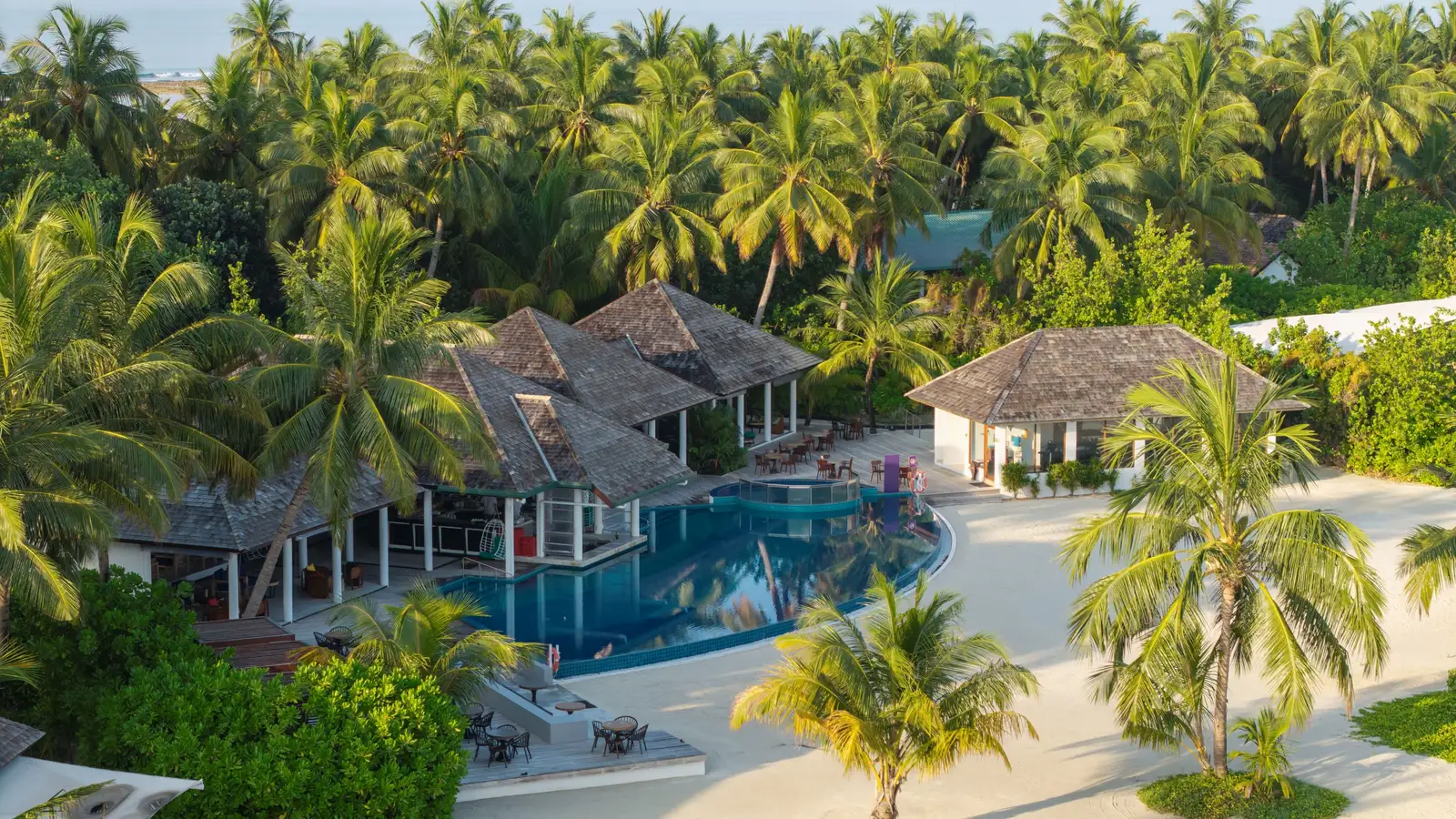 The pool from the air, among grey-roofed pavilions and palms