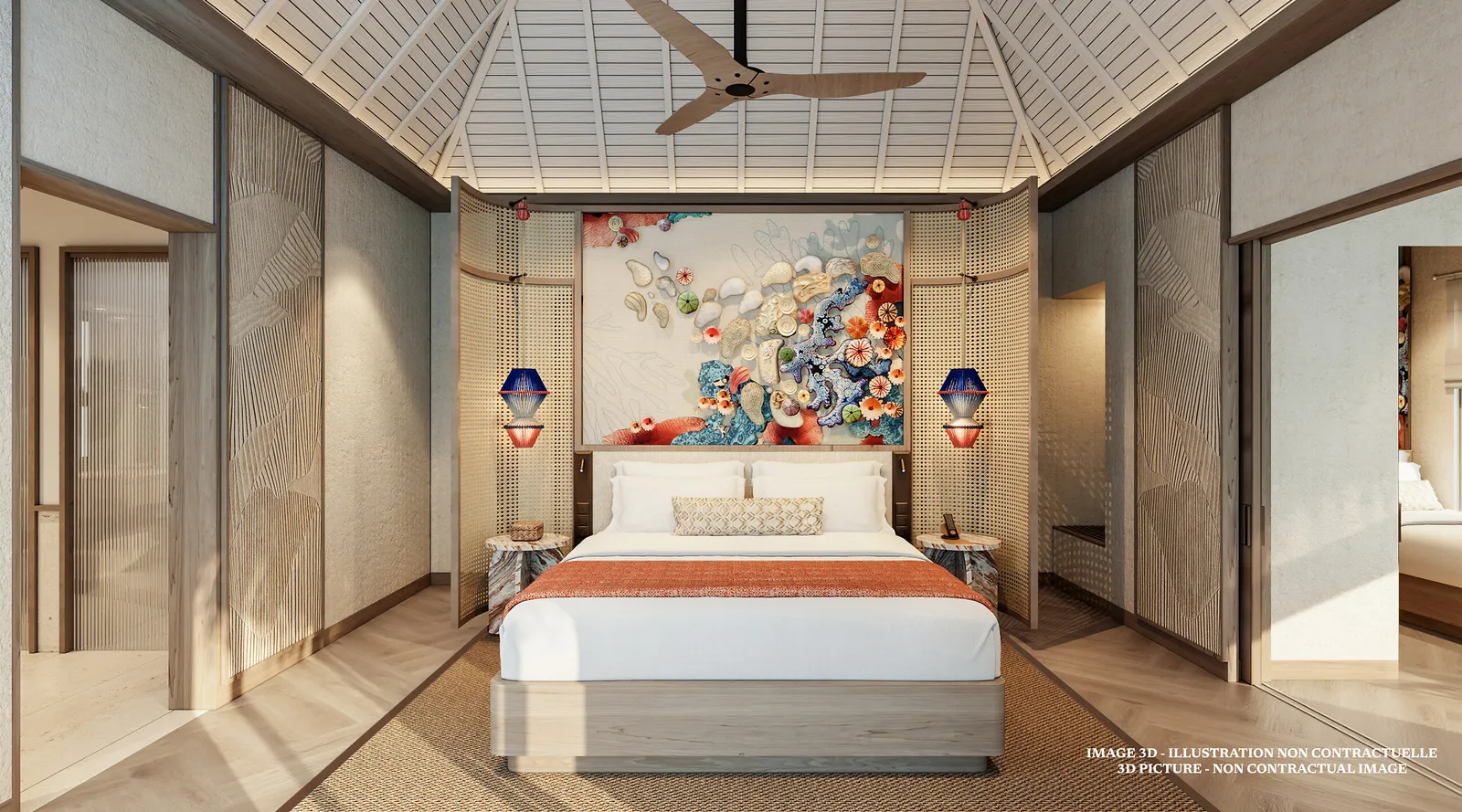 An official illustration of a renovated family overwater suite’s bedroom, with the large coral panel above the bed.