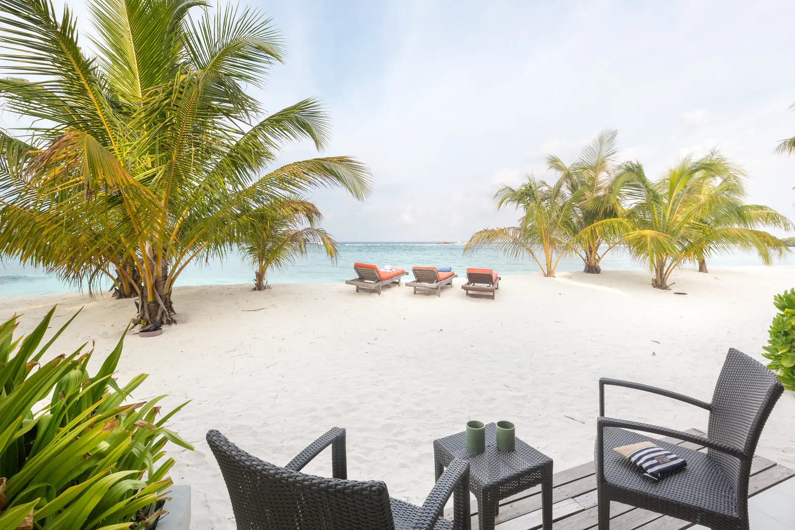 From the terrace of a beachfront room: the chairs and table, the sand, the palms and the loungers on the beach.