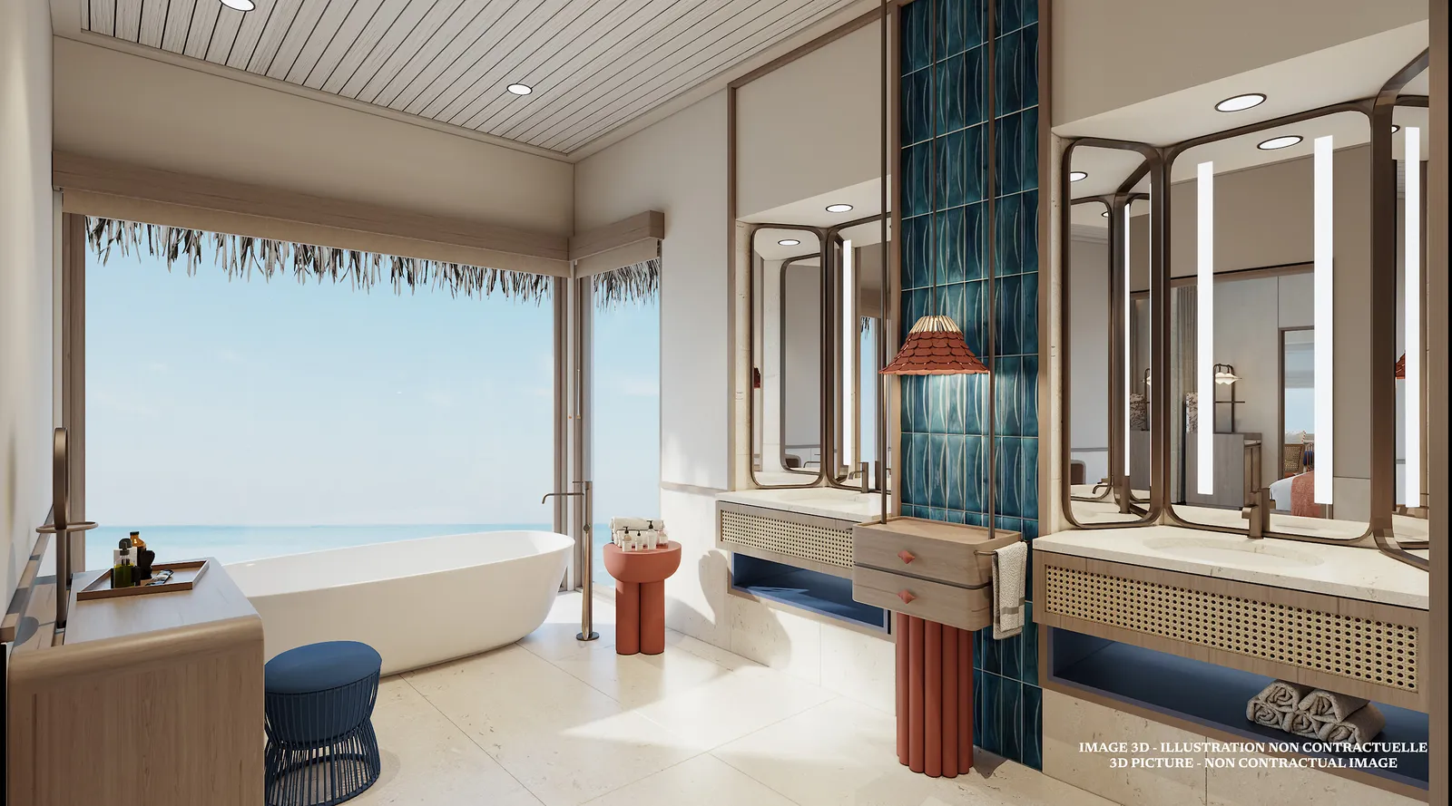An official illustration of a renovated overwater suite’s bathroom: the tub at the lagoon window and the twin basins.