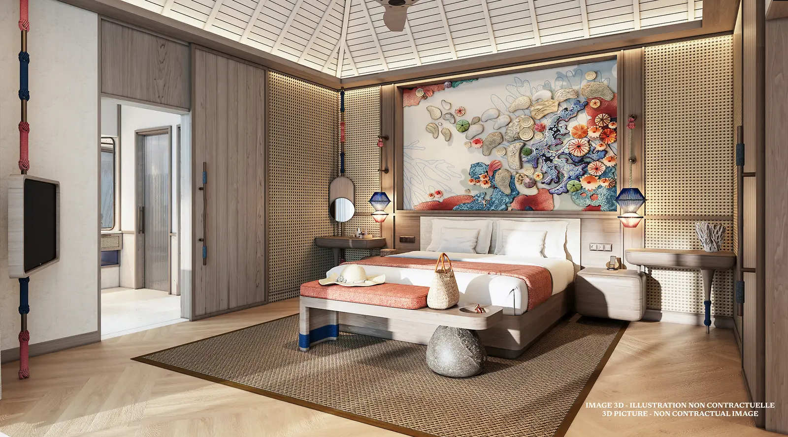 An official illustration of a renovated overwater suite: the bed, the coral panel and the rattan.