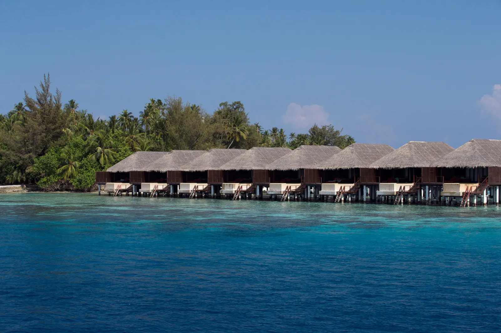 A row of thatched water villas on stilts over the blue lagoon, the island’s palms behind them.