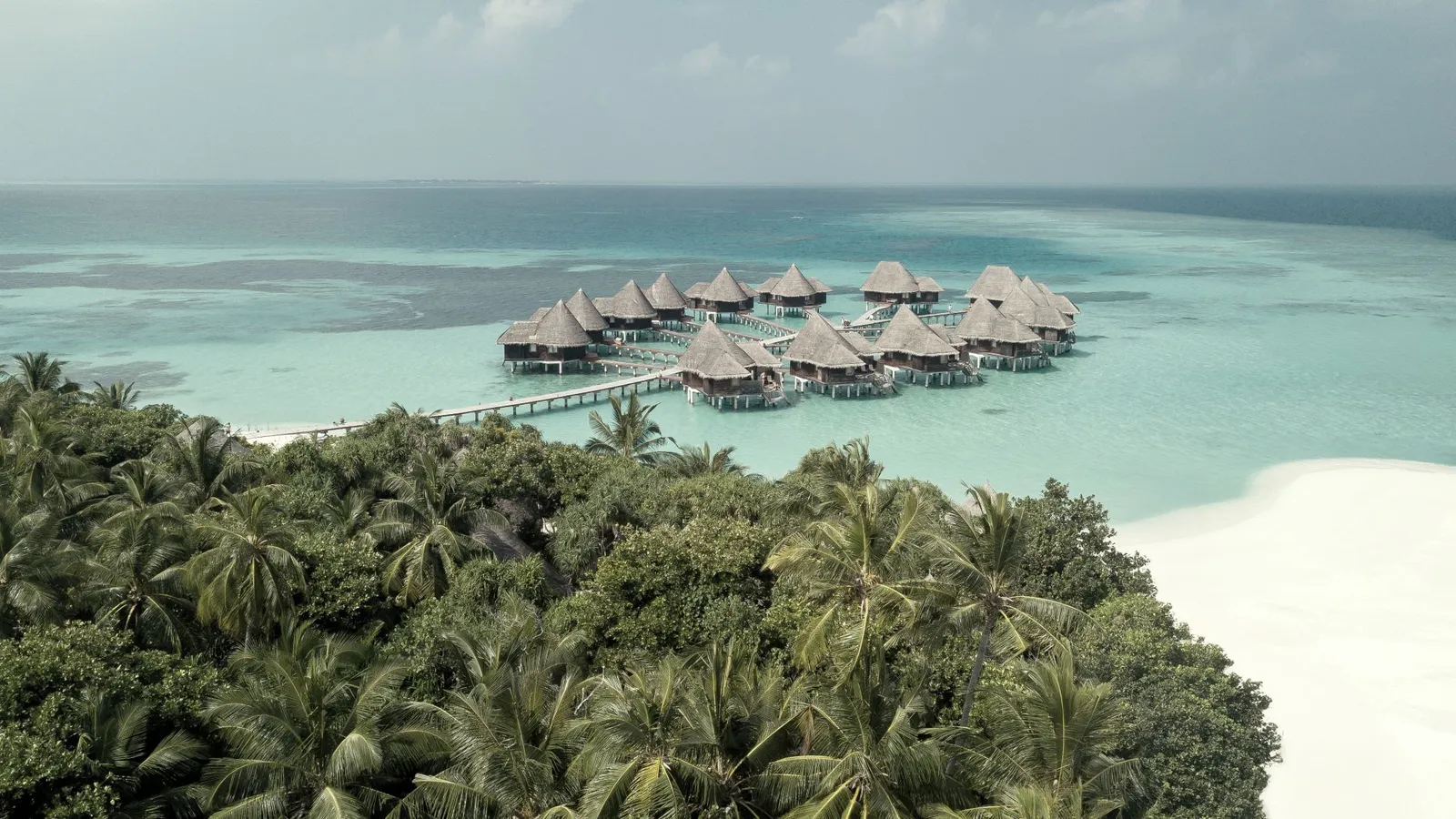 From above, the island’s palms and the water villas on the lagoon, with the dark reef under the surface.