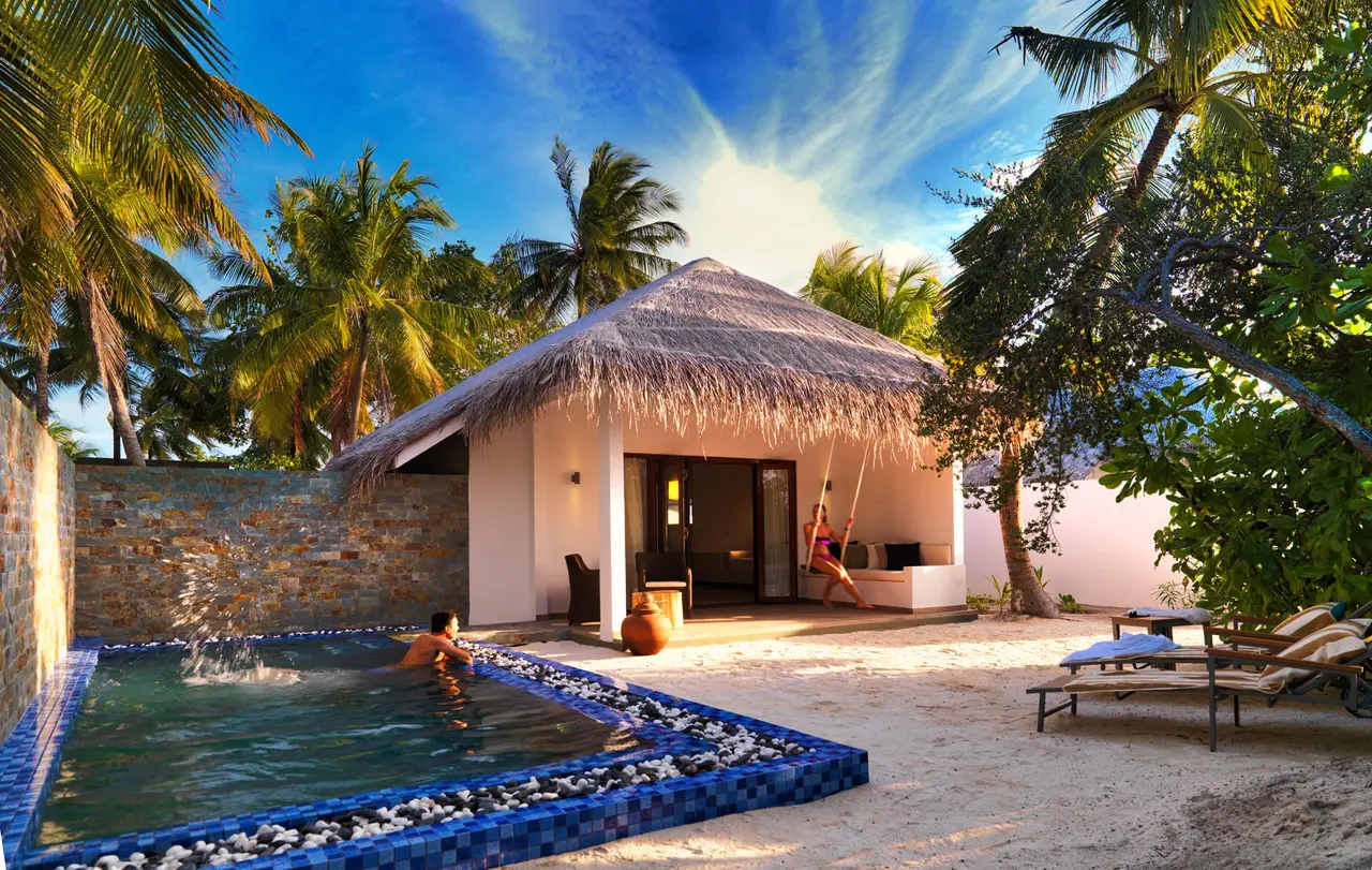 A Beach Suite with Pool’s pool, the thatched pavilion and the palms