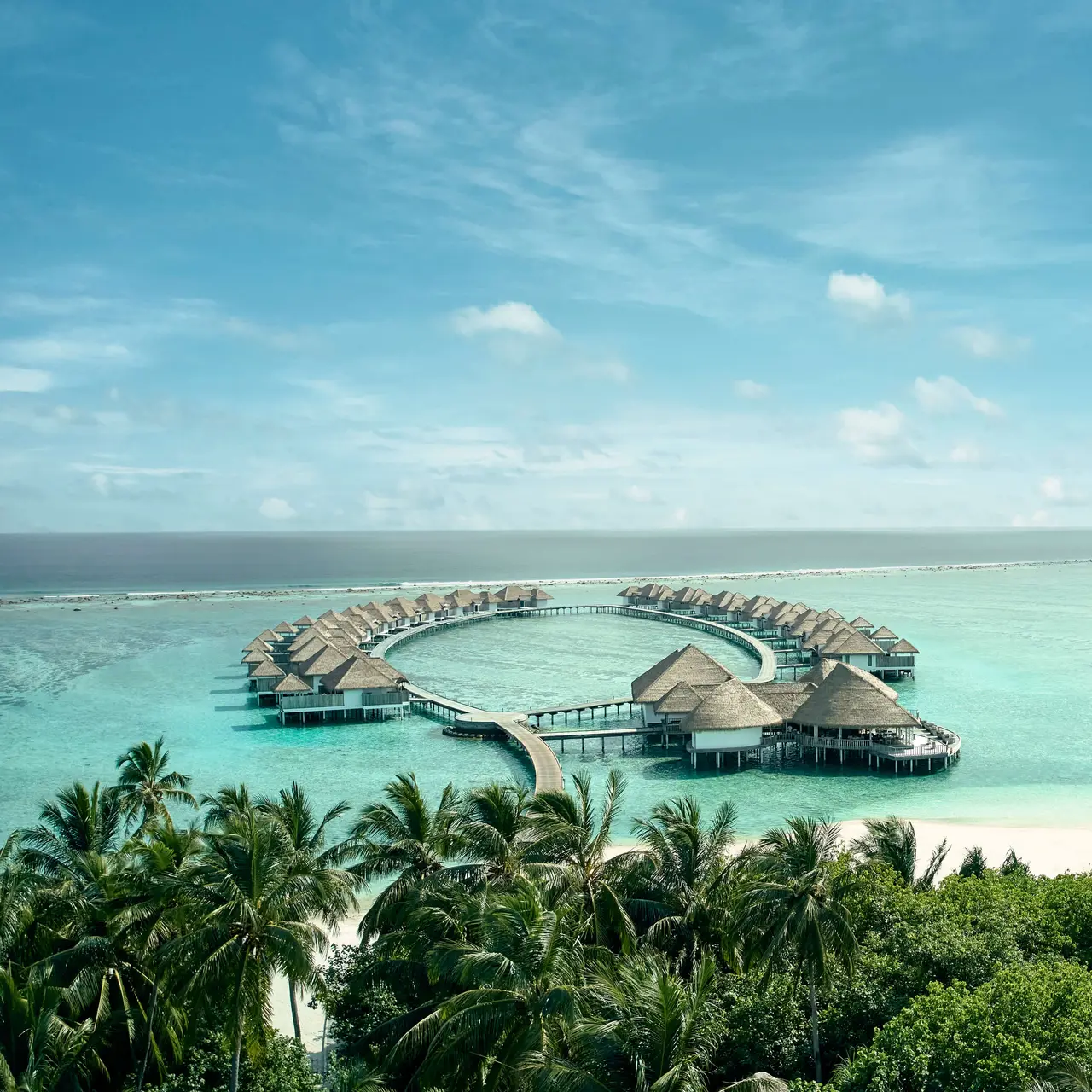 The island from above: palms in front, the turquoise lagoon and the water villas set out in a ring.