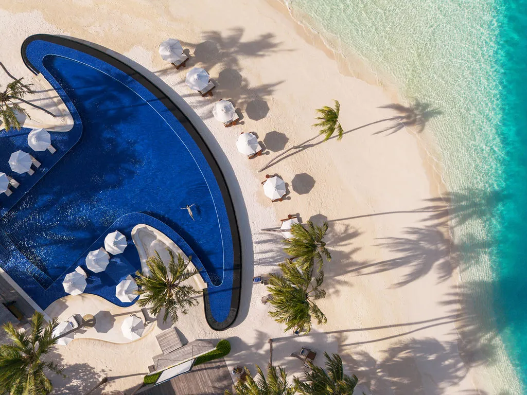 The main pool from above, on the beach