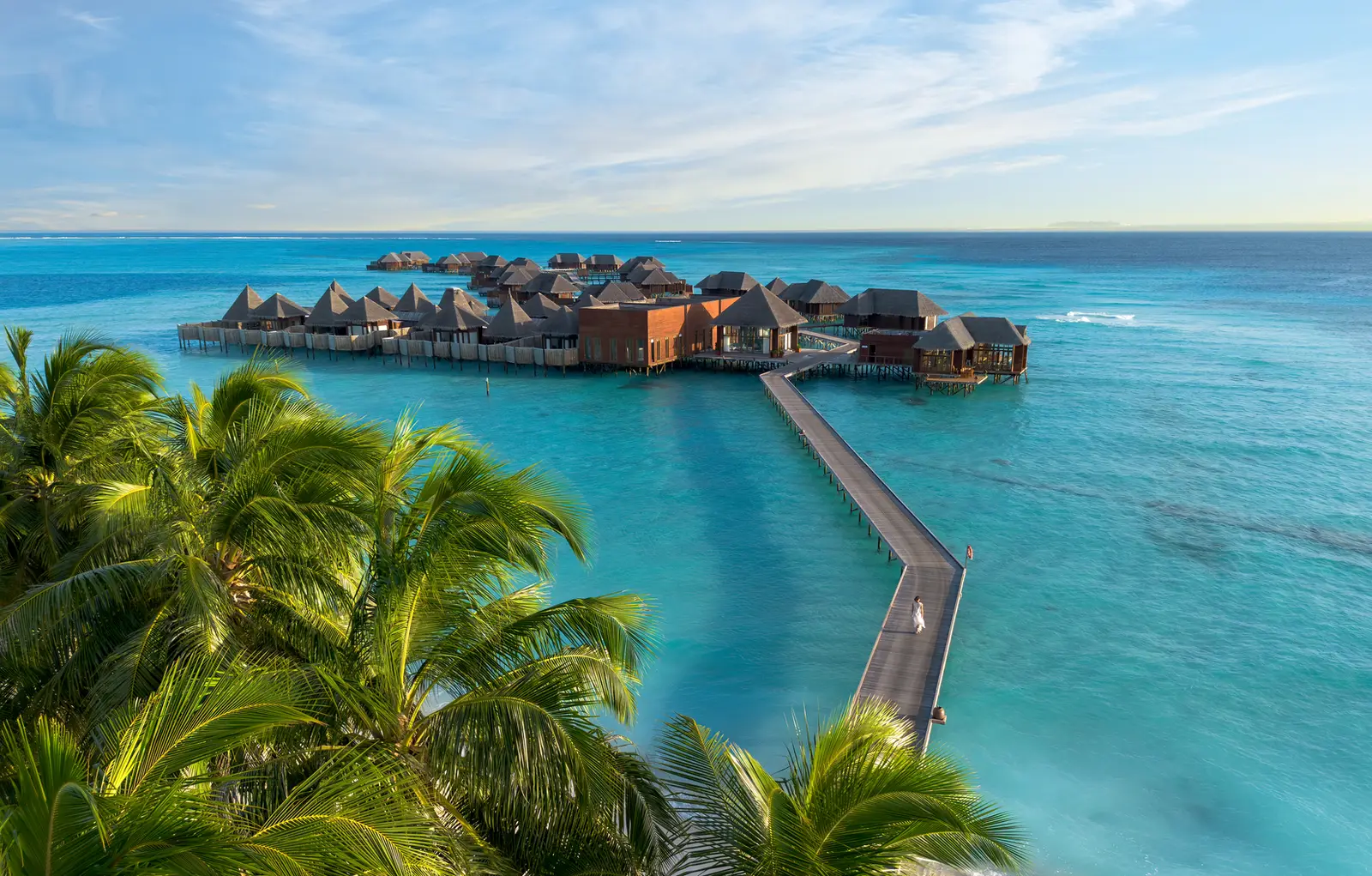 The overwater spa at the end of its jetty, from the air