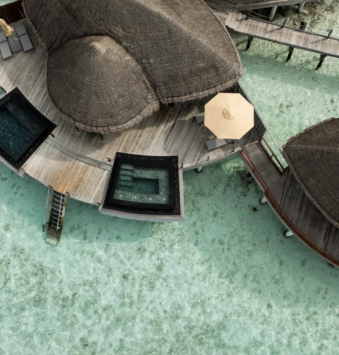 The overwater spa and its decks, seen from above.
