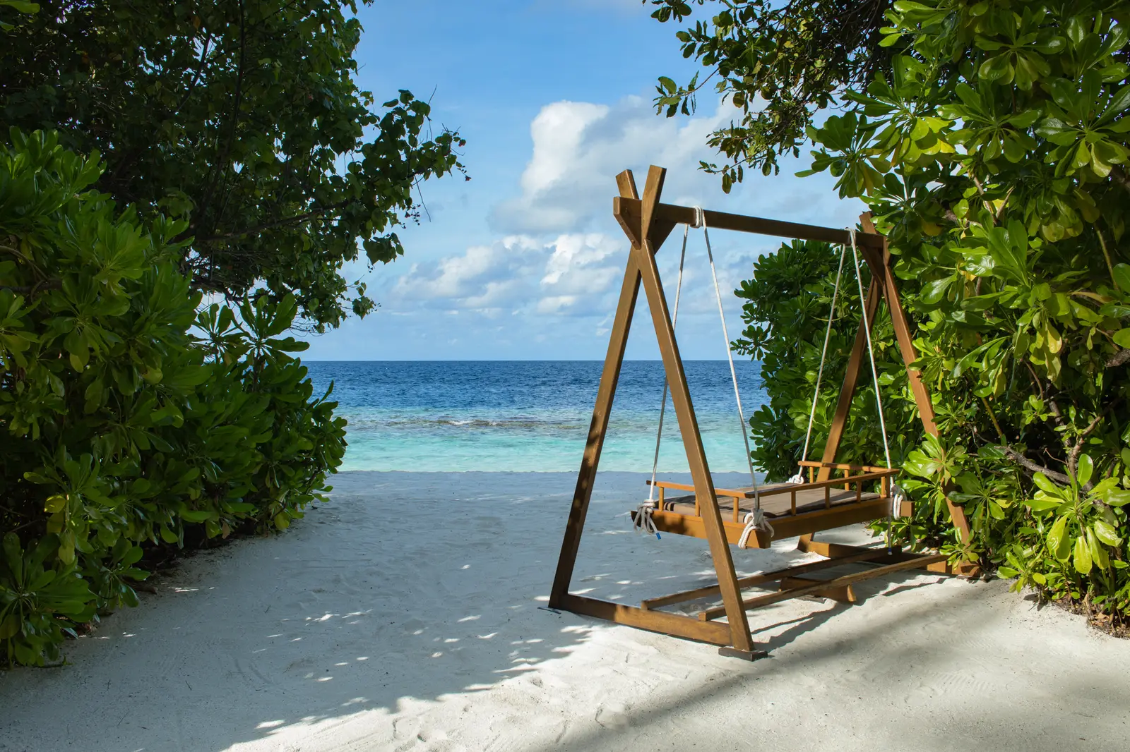 From a Beachfront Villa’s garden: the timber swing on the sand between the bushes, with the sea in front.