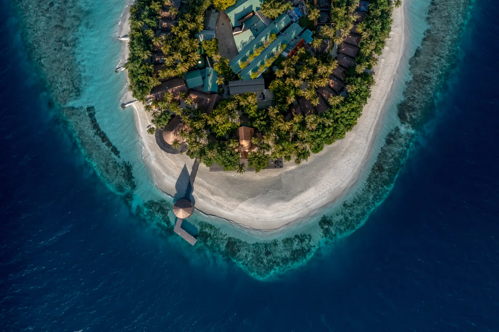The island from above: villas among the palms, the white beach and, all round, the dark edge of the reef a few metres from the shore.