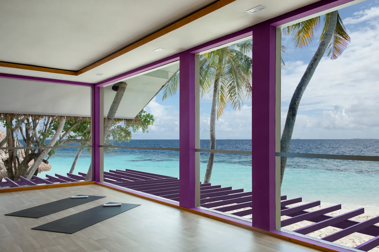 The yoga room with mats on the floor and full-height windows opening onto the beach and the palms.