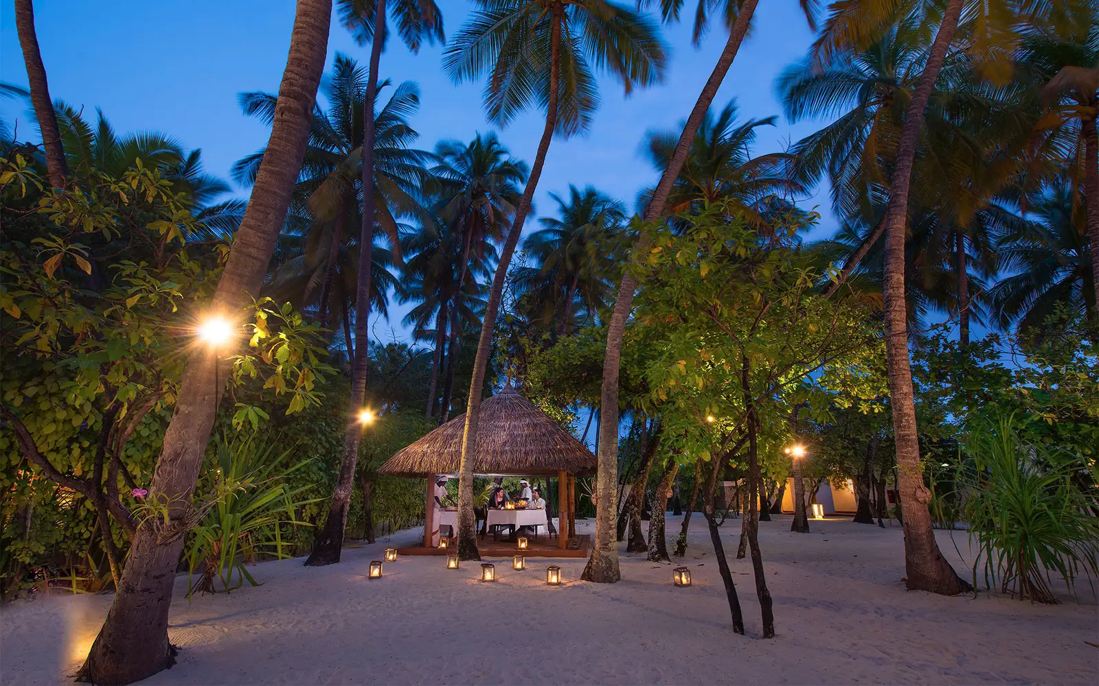 The palm garden at night, with candles on the sand and the Farivalhu hut lit up.