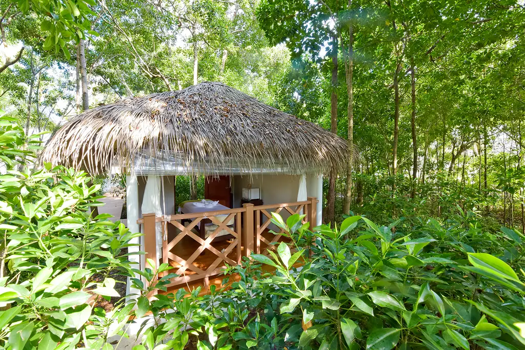 A spa pavilion with a thatched roof and a timber railing, tucked into the dense green of the mangroves.