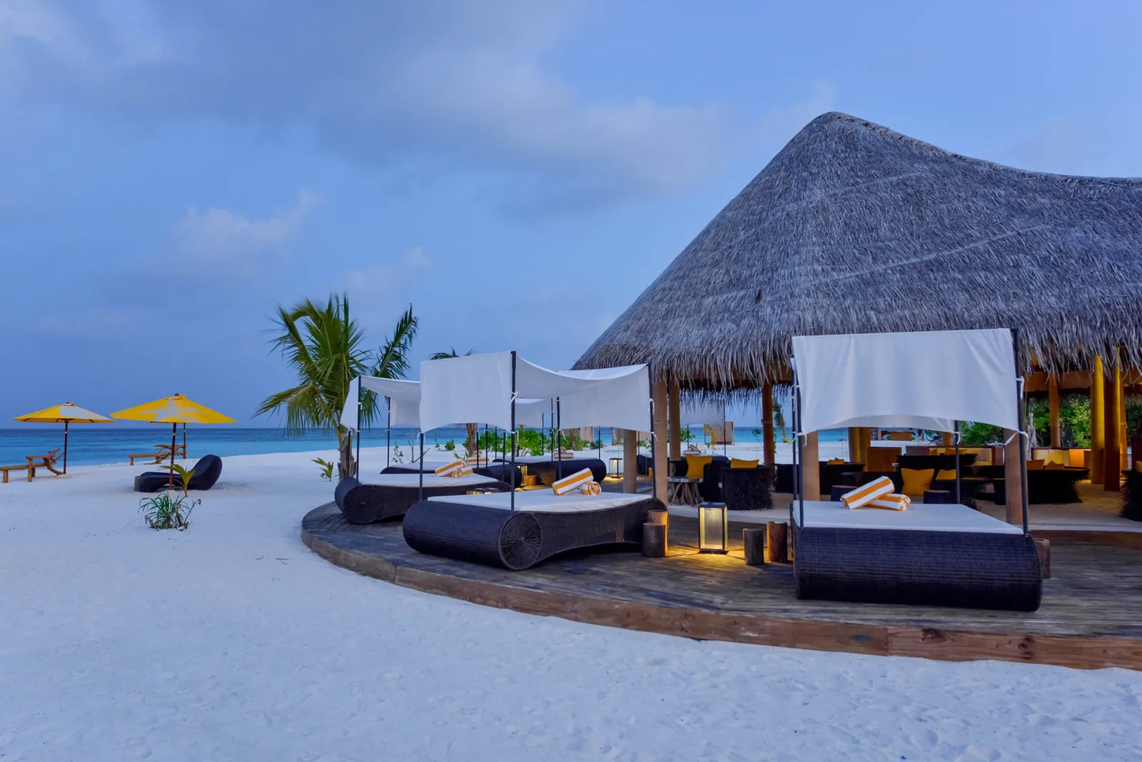 The beach bar at dusk, with daybeds under white canopies and the thatched roof lit up.