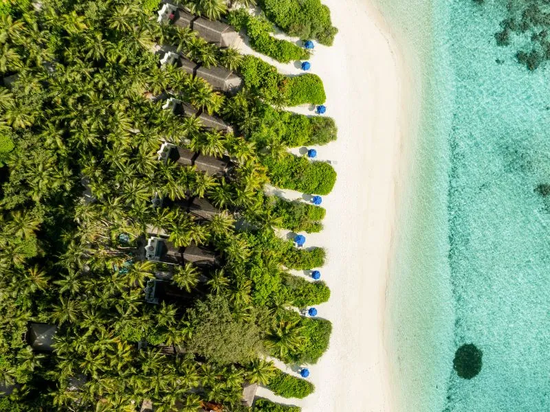 The beach villas from above, between the greenery and the white sand, with the pale lagoon beside them.