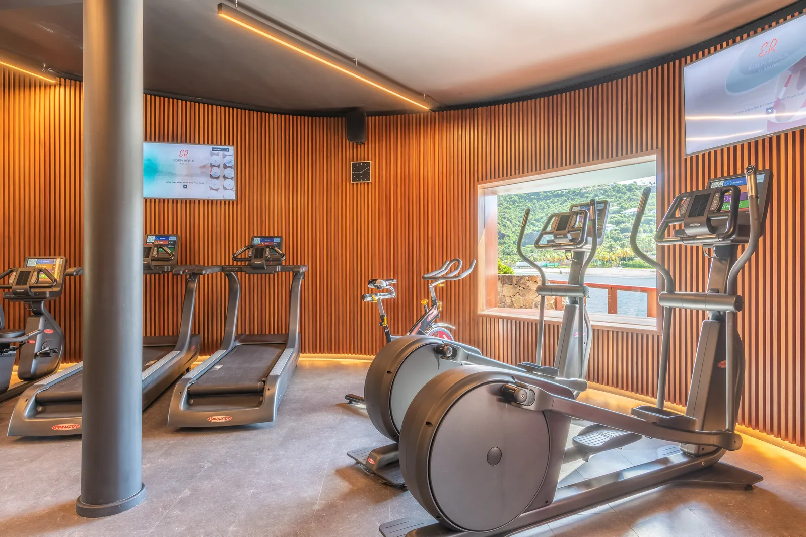 The gym: treadmills and bikes in a room of curved timber-slatted walls, with a window on to greenery.