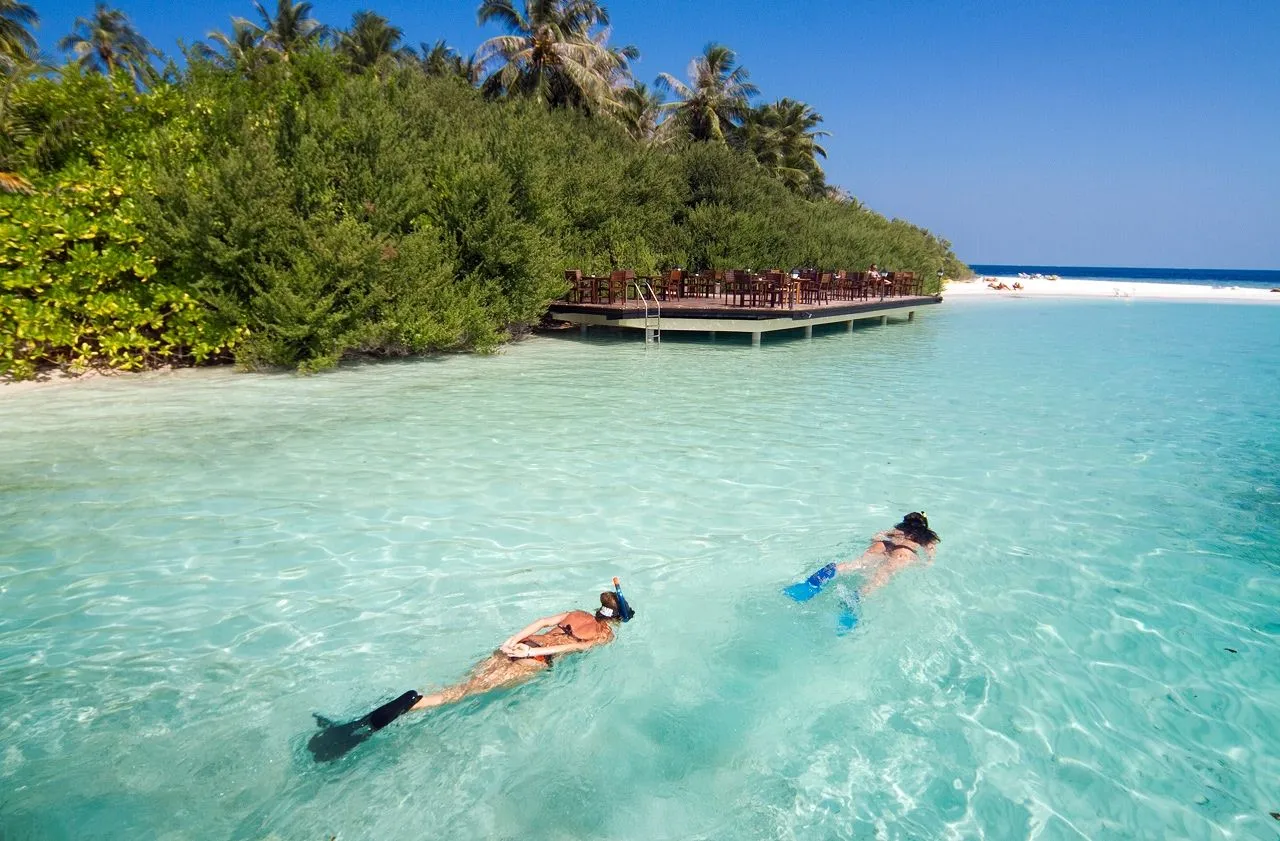 2 people in masks and fins swim through the clear lagoon, with the timber deck and the island’s greenery behind.