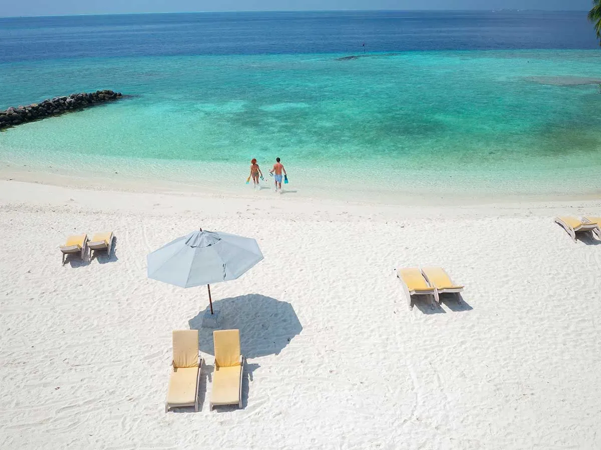 2 people walk into the sea from the white beach, among the parasols and yellow loungers.