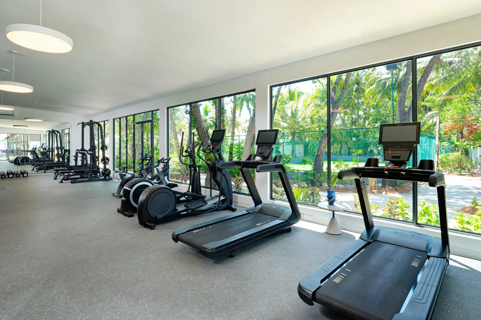 The gym, with treadmills and exercise bikes facing windows onto the greenery.