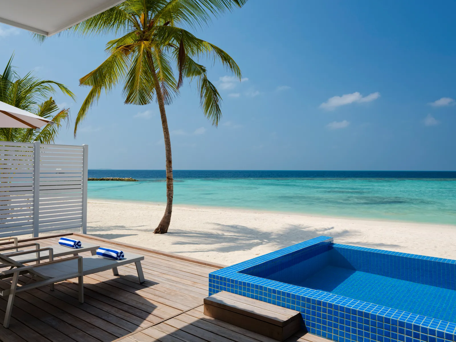 A Beach Pool Villa’s deck, with its blue private pool, loungers, a palm and the beach in front.