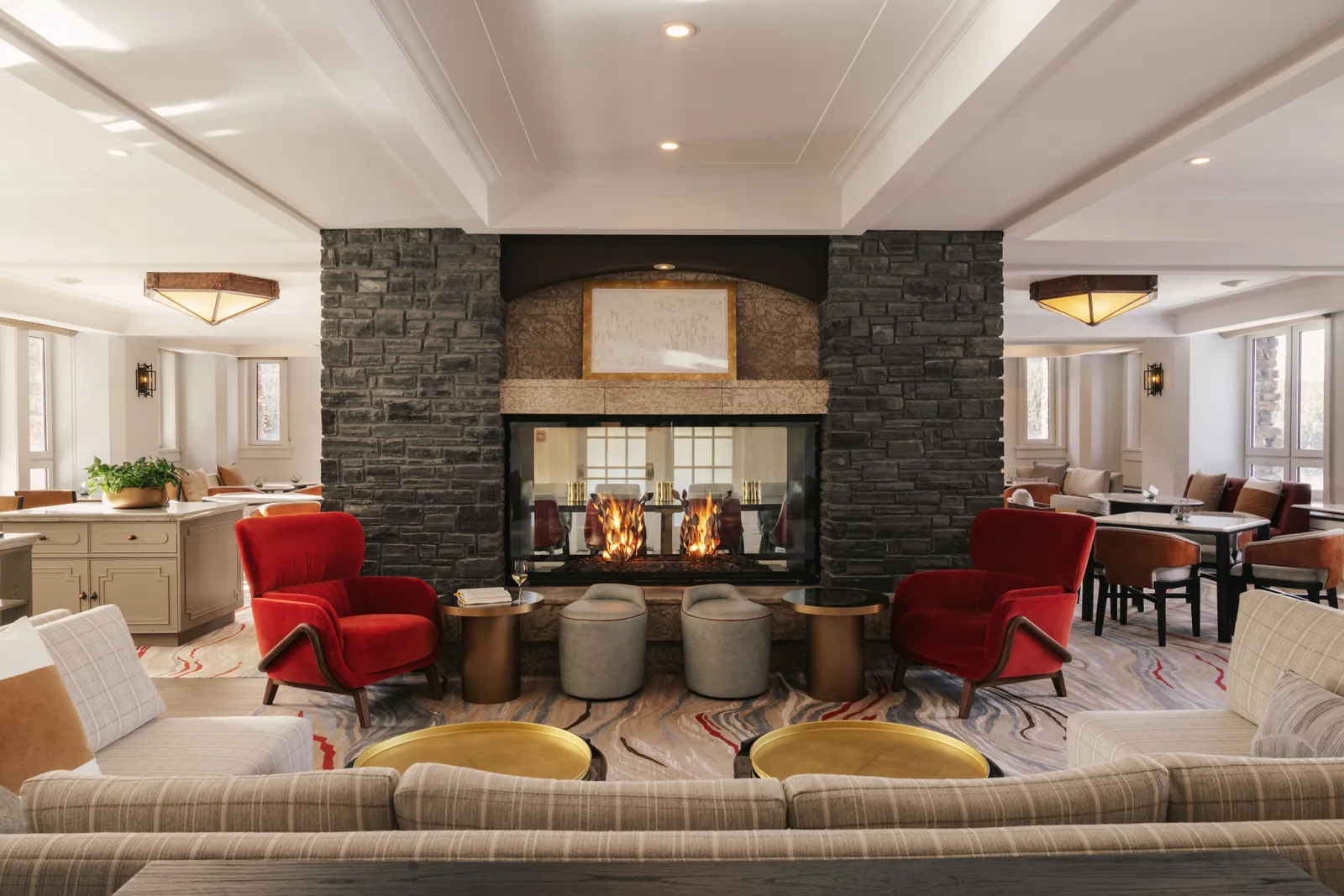 The Fairmont Gold lounge with its stone fireplace