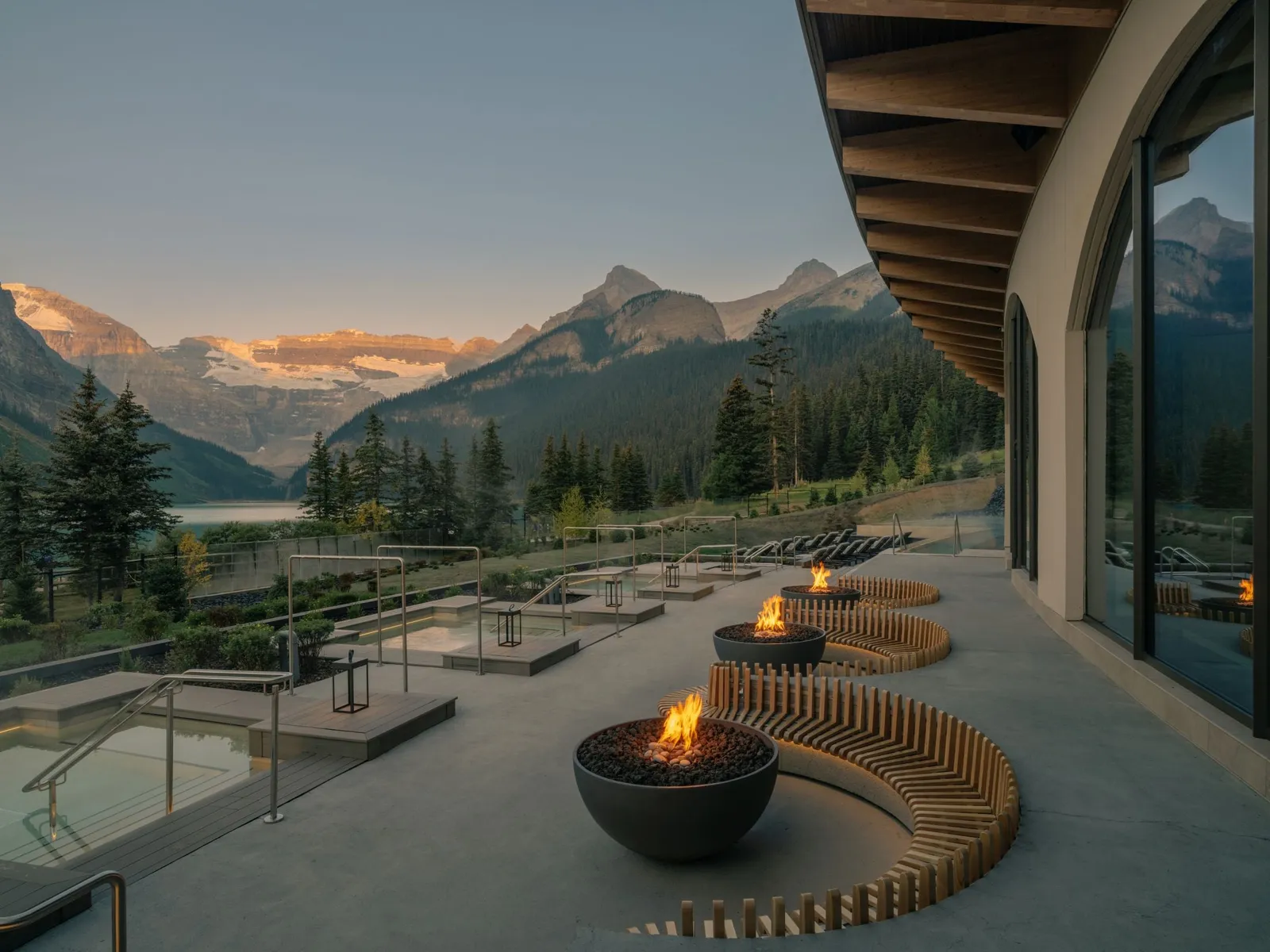 BASIN’s pool terrace and fire bowl below the mountains