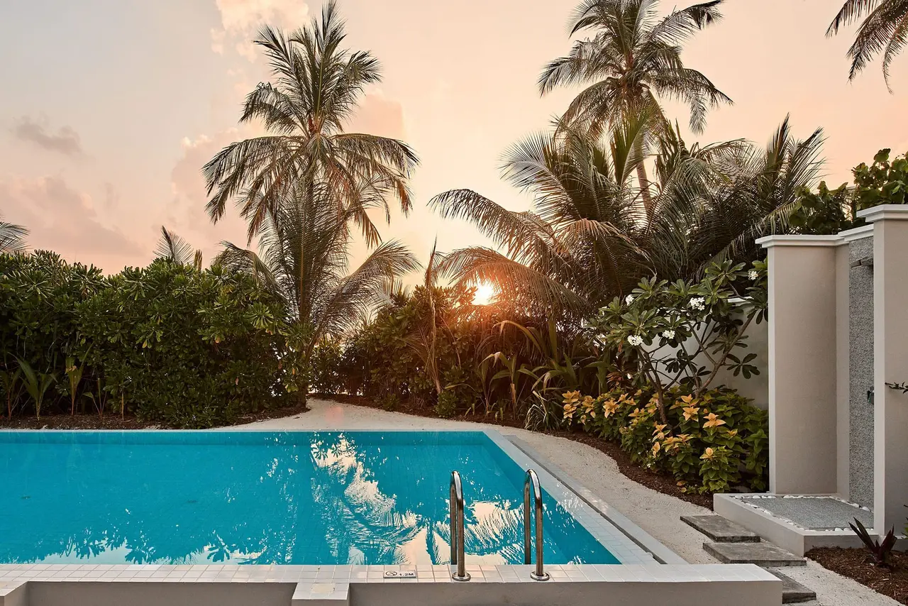 A Two Bedroom Beach Villa with Pool: the pool among the palms at sunset