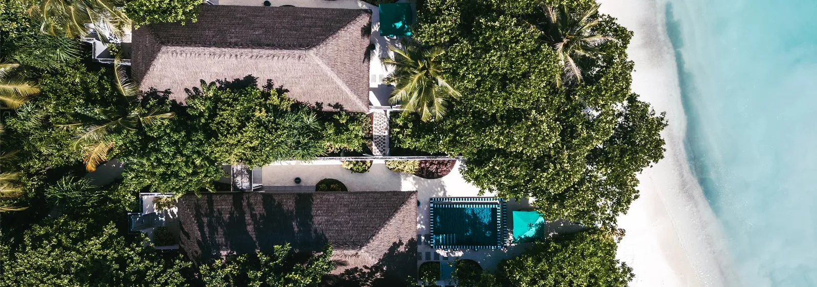 A Two Bedroom Interconnecting Beach Villa from above: 2 thatched roofs among the trees, beside the beach