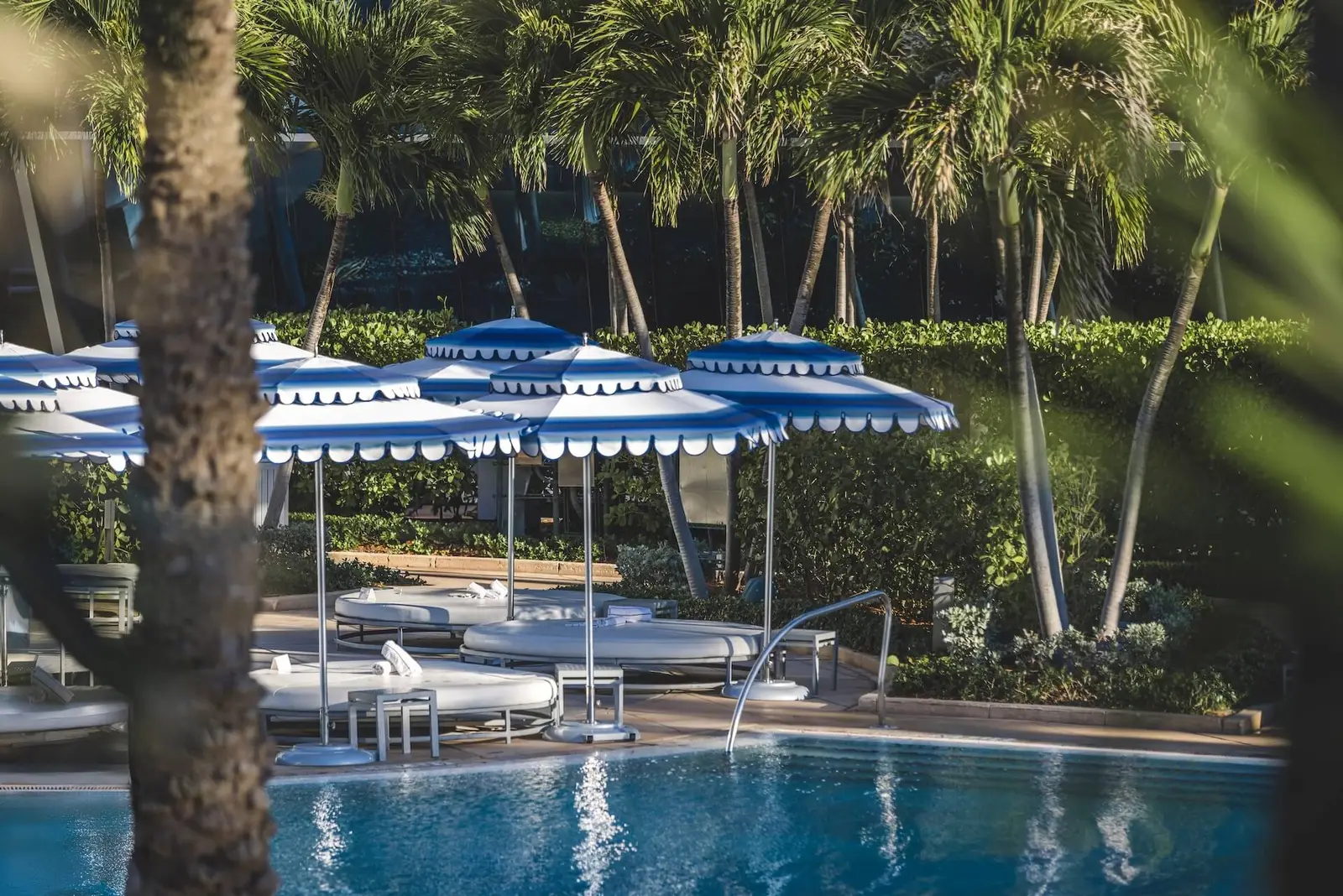 Daybeds under fringed blue-and-white striped umbrellas at the edge of a pool among the palms.