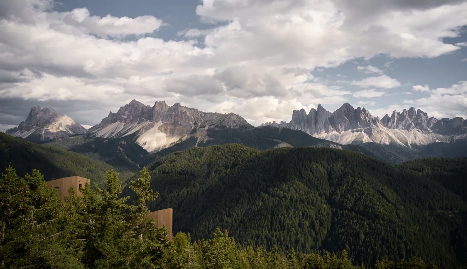 The hotel’s wooden towers rise among the firs in summer, before the wooded valley and the pale chain of the Dolomites under the clouds.