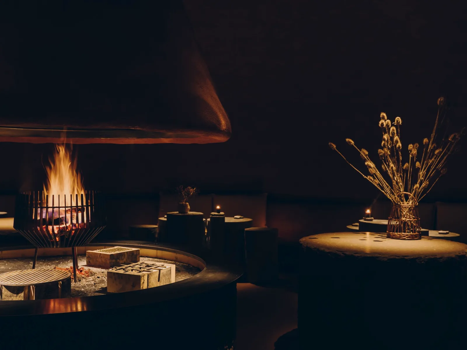 The dark interior of YERA: the fire burning under a metal hood, tree trunks for tables and a vase of dried thistles.